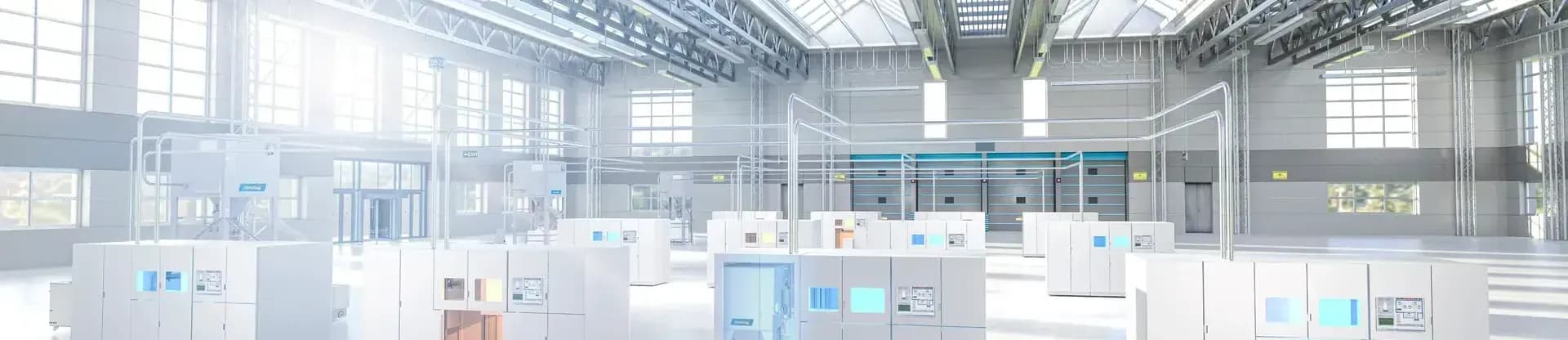 Helle Produktionshalle mit zentral abgesaugten Arbeitsplaetzen